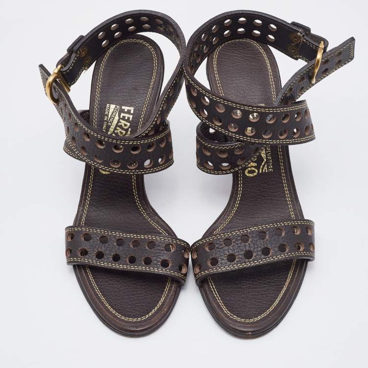 Pre Owned Salvatore Ferragamo Brown Perforated Leather Ankle Wrap Sandals Size 38