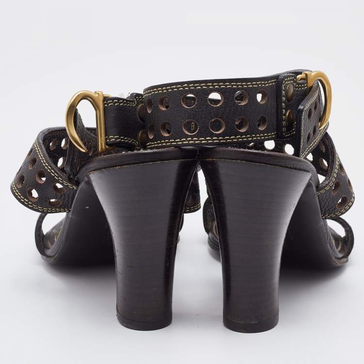 Pre Owned Salvatore Ferragamo Brown Perforated Leather Ankle Wrap Sandals Size 38