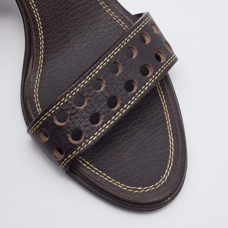 Pre Owned Salvatore Ferragamo Brown Perforated Leather Ankle Wrap Sandals Size 38