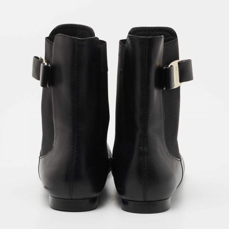 Pre Owned Salvatore Ferragamo Black Leather Vara Bow Chelsea Ankle Boots Size 38.5