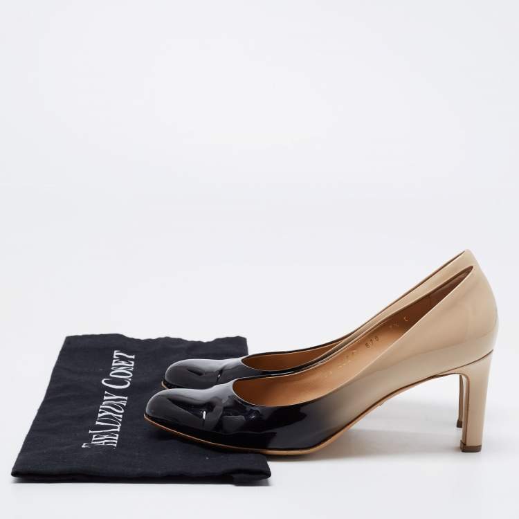Pre Owned Salvatore Ferragamo Beige/Black Patent Slip On Pumps Size 38