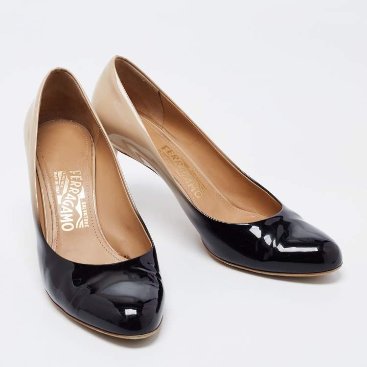Pre Owned Salvatore Ferragamo Beige/Black Patent Slip On Pumps Size 38