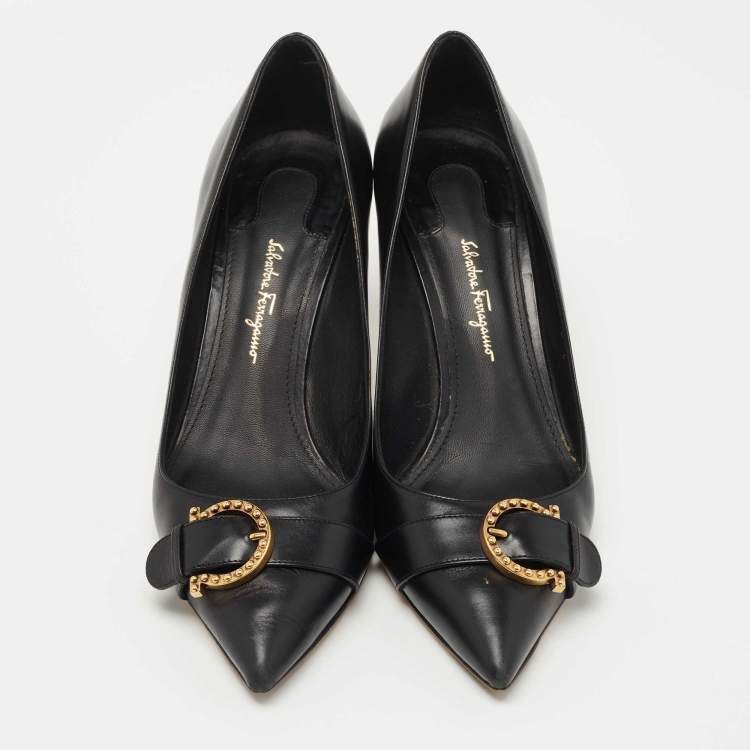 Pre Owned Salvatore Ferragamo Black Leather Pointed Toe Pumps Size 38.5