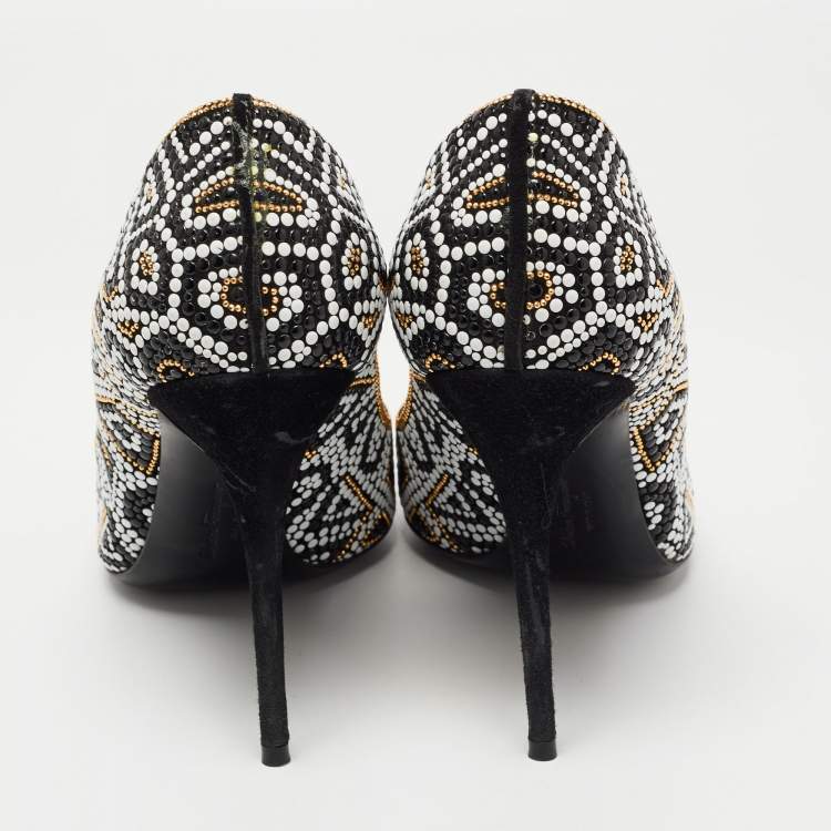 Pre Owned Salvatore Ferragamo Black/White Suede and Mosaic Embellished Pointed Toe Pumps Size 38