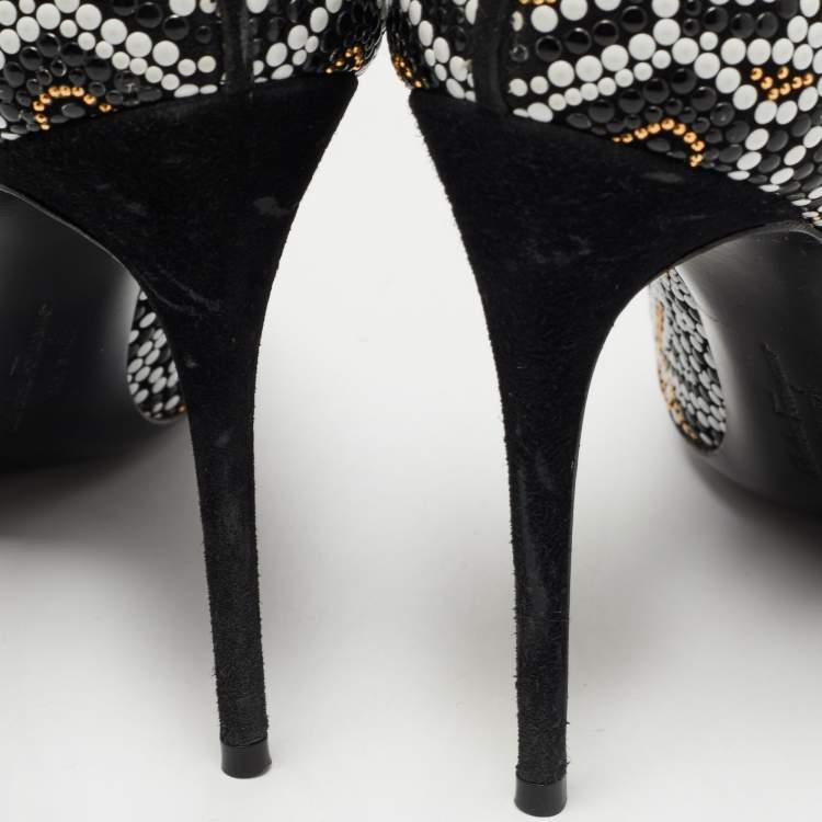 Pre Owned Salvatore Ferragamo Black/White Suede and Mosaic Embellished Pointed Toe Pumps Size 38