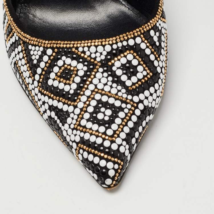 Pre Owned Salvatore Ferragamo Black/White Suede and Mosaic Embellished Pointed Toe Pumps Size 38