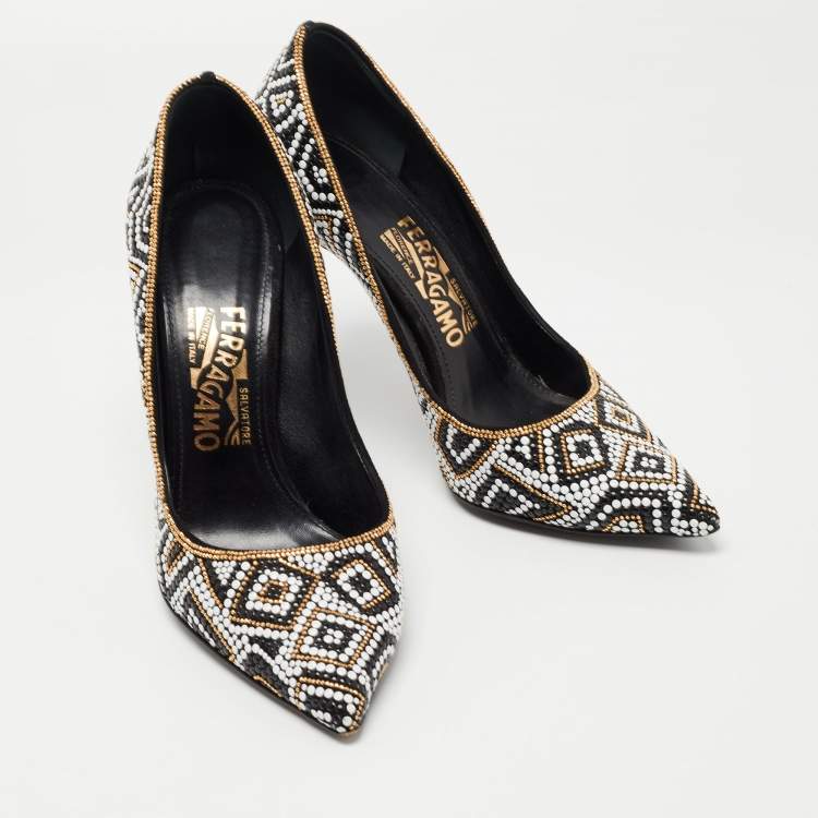 Pre Owned Salvatore Ferragamo Black/White Suede and Mosaic Embellished Pointed Toe Pumps Size 38
