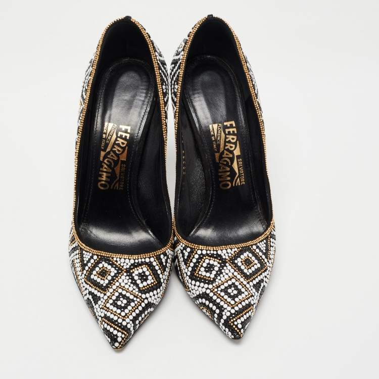 Pre Owned Salvatore Ferragamo Black/White Suede and Mosaic Embellished Pointed Toe Pumps Size 38