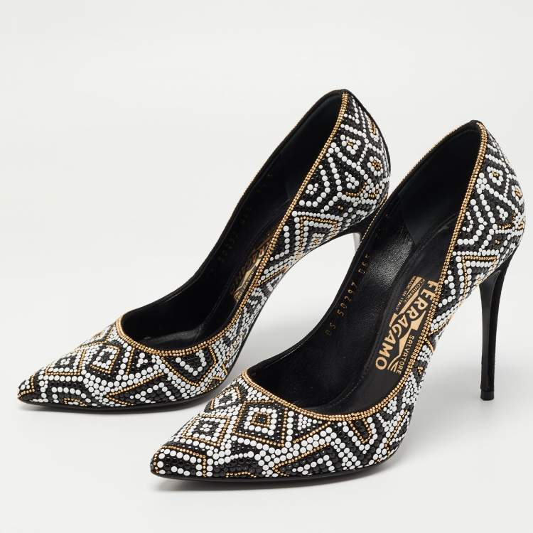 Pre Owned Salvatore Ferragamo Black/White Suede and Mosaic Embellished Pointed Toe Pumps Size 38