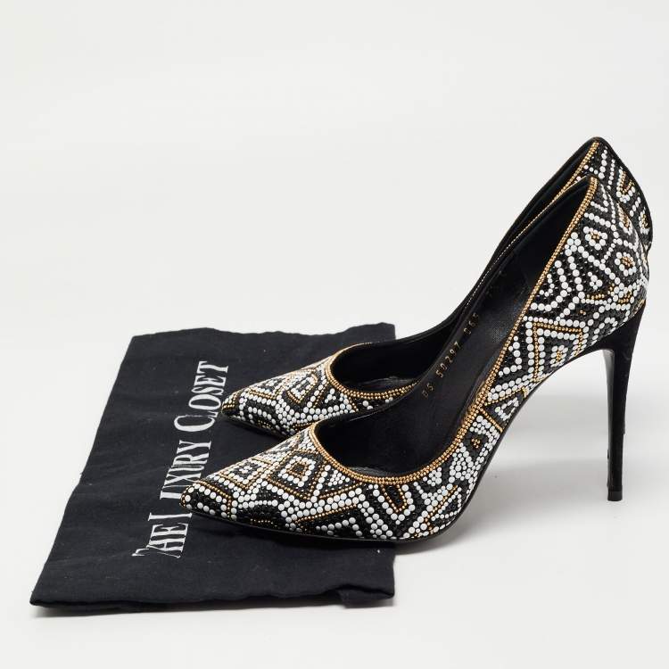 Pre Owned Salvatore Ferragamo Black/White Suede and Mosaic Embellished Pointed Toe Pumps Size 38
