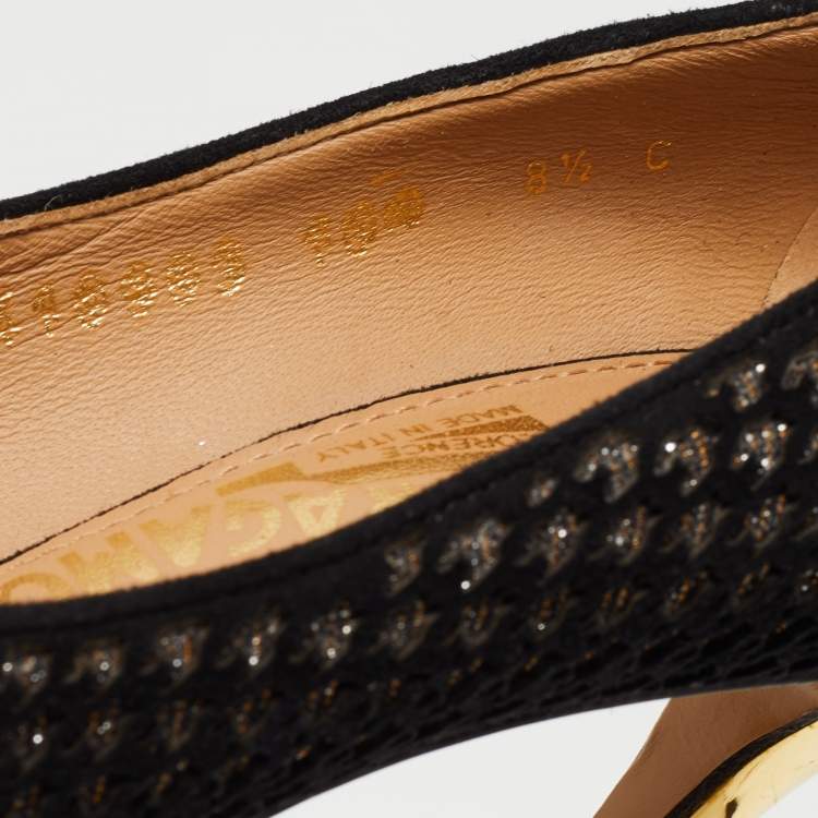 Pre Owned Salvatore Ferragamo Black Laser Cut Suede and Glitter Pointed Toe Pumps Size 39