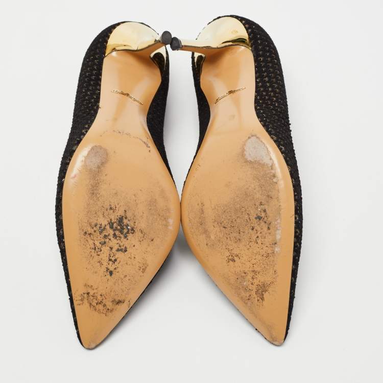 Pre Owned Salvatore Ferragamo Black Laser Cut Suede and Glitter Pointed Toe Pumps Size 39