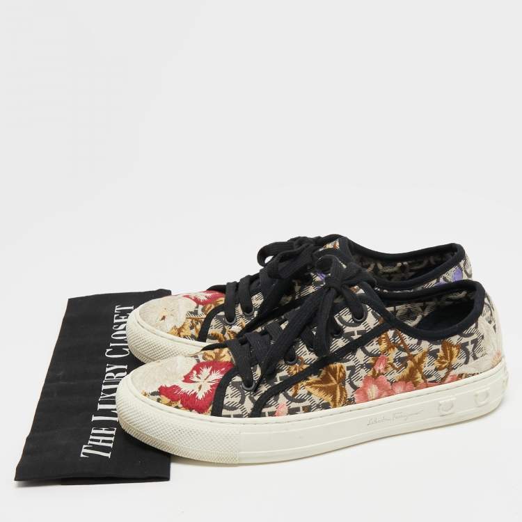 Pre Owned Salvatore Ferragamo Multicolor Embroidered Canvas Borg Sneakers Size 39.5