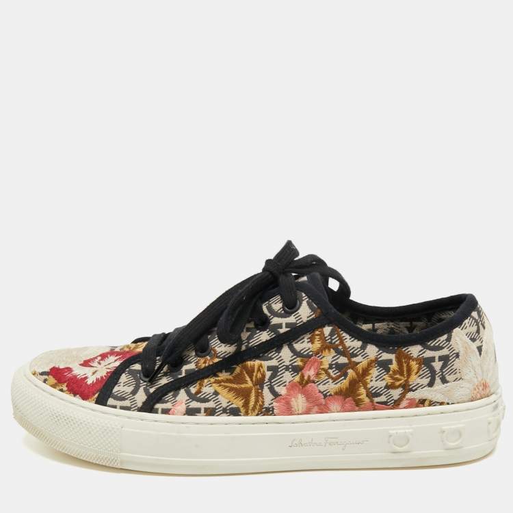 Pre Owned Salvatore Ferragamo Multicolor Embroidered Canvas Borg Sneakers Size 39.5
