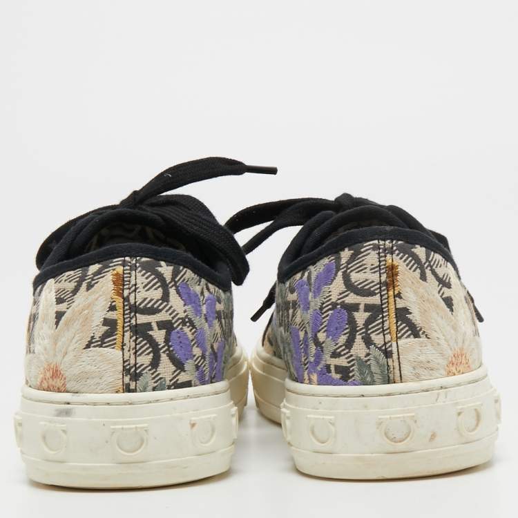 Pre Owned Salvatore Ferragamo Multicolor Embroidered Canvas Borg Sneakers Size 39.5