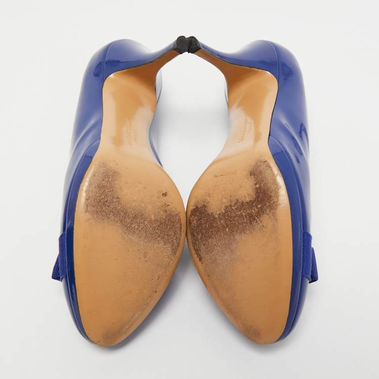 Pre Owned Salvatore Ferragamo Blue Patent Leather Vara Bow Pumps Size 40.5