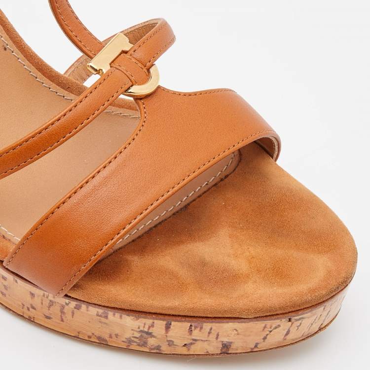 Pre Owned Salvatore Ferragamo Brown Leather Ankle Strap Platform Wedge Sandals Size 40