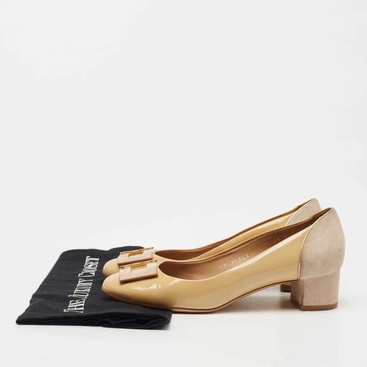 Pre Owned Salvatore Ferragamo Two Tone Patent Leather and Suede Pumps Size 37