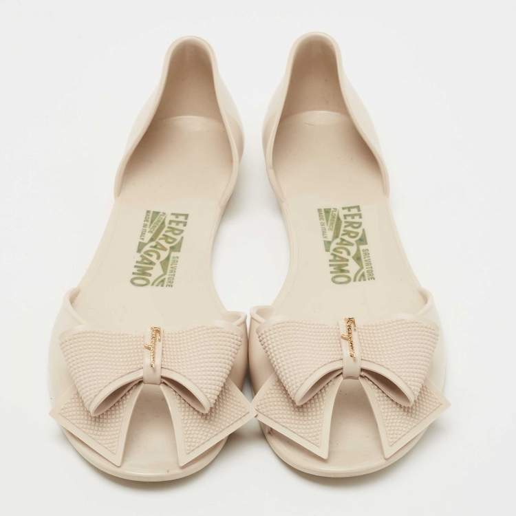 Pre Owned Salvatore Ferragamo Beige Jelly Barbados Bow Ballet Flats Size 39.5