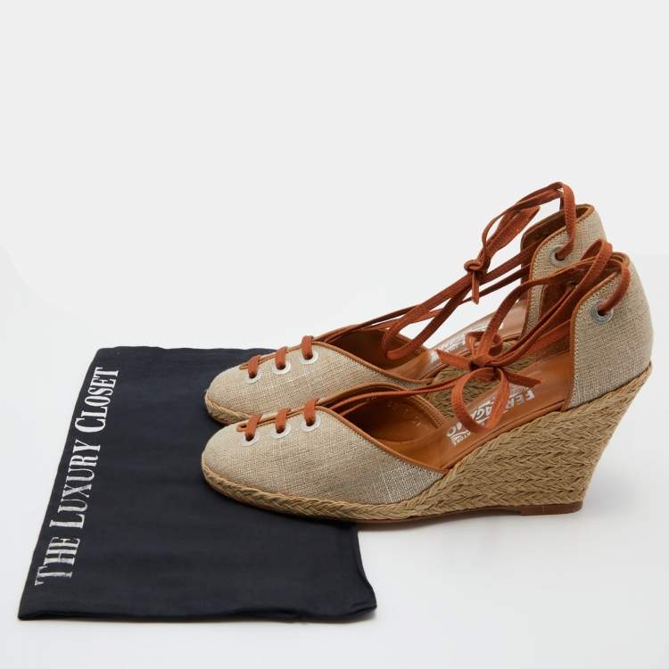 Pre Owned Salvatore Ferragamo Beige/Brown Jute Fabric and Leather Espadrille Wedge Pumps Size 39