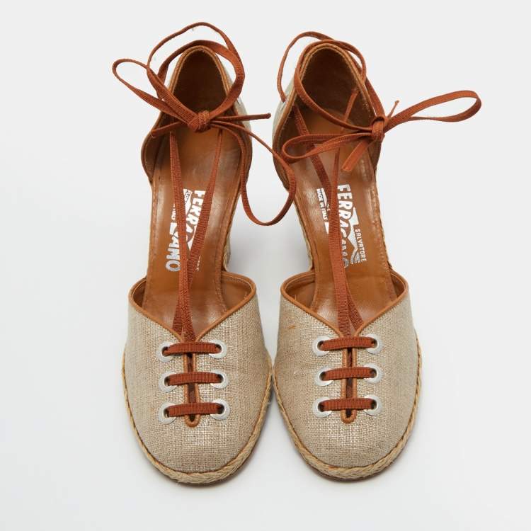 Pre Owned Salvatore Ferragamo Beige/Brown Jute Fabric and Leather Espadrille Wedge Pumps Size 39