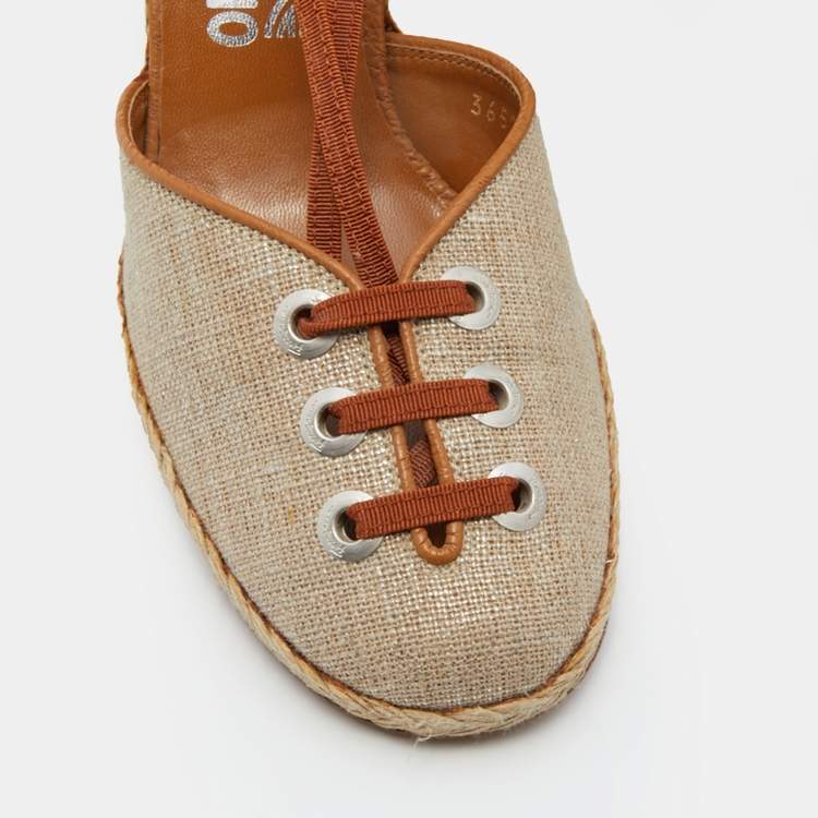 Pre Owned Salvatore Ferragamo Beige/Brown Jute Fabric and Leather Espadrille Wedge Pumps Size 39