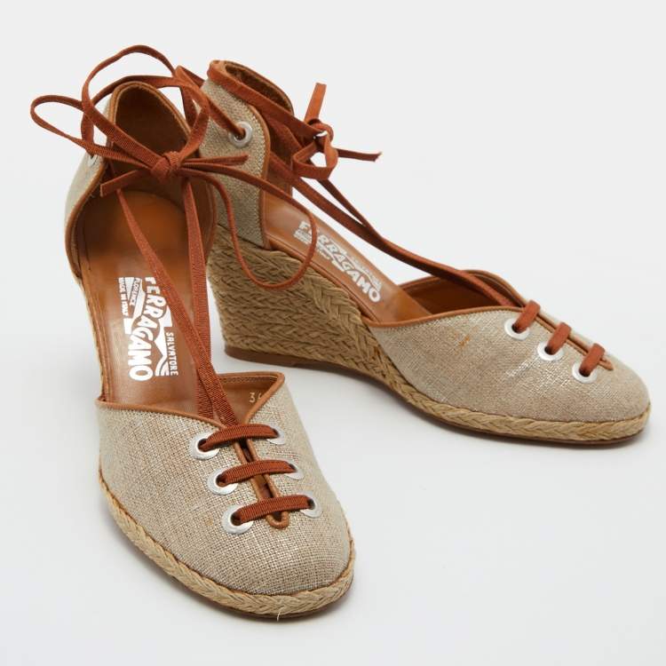 Pre Owned Salvatore Ferragamo Beige/Brown Jute Fabric and Leather Espadrille Wedge Pumps Size 39