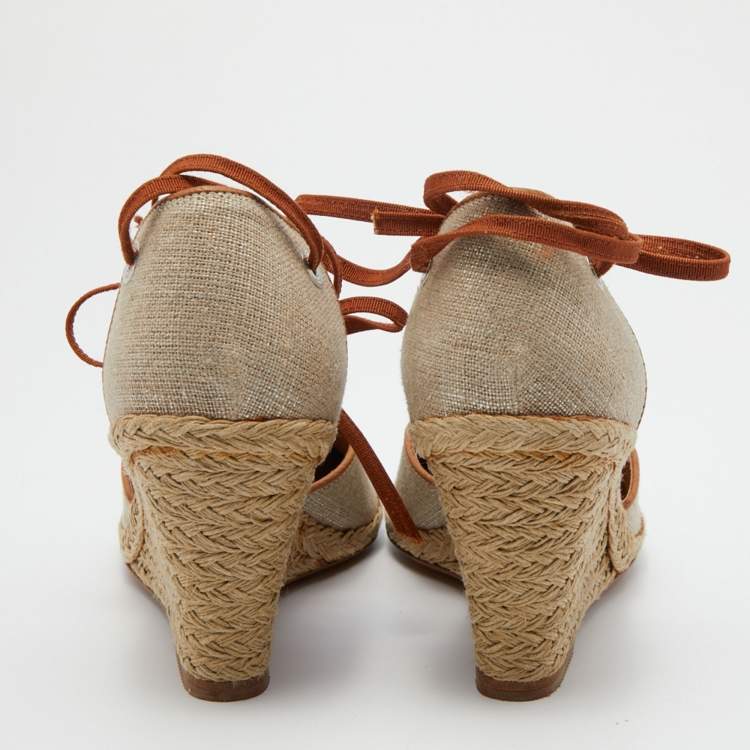 Pre Owned Salvatore Ferragamo Beige/Brown Jute Fabric and Leather Espadrille Wedge Pumps Size 39