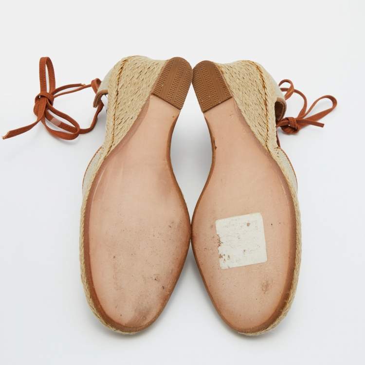 Pre Owned Salvatore Ferragamo Beige/Brown Jute Fabric and Leather Espadrille Wedge Pumps Size 39