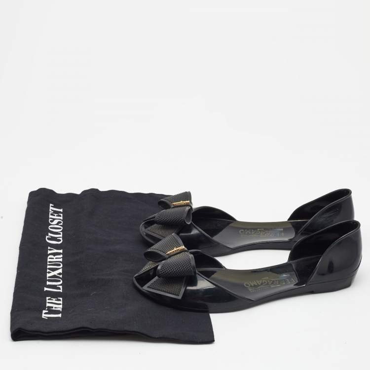 Pre Owned Salvatore Ferragamo Black Jelly Barbados Bow Flats Size 37.5