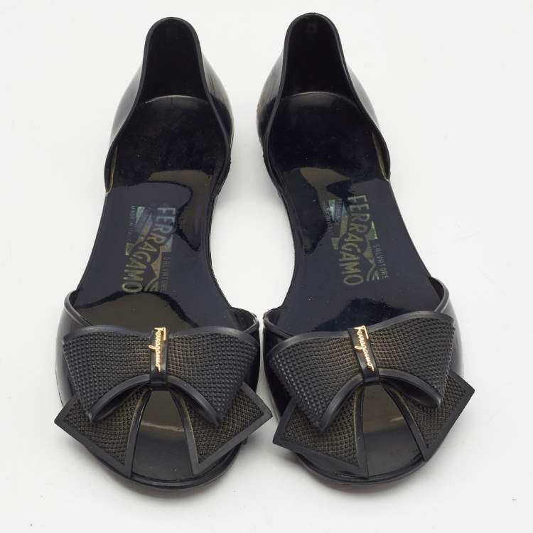 Pre Owned Salvatore Ferragamo Black Jelly Barbados Bow Flats Size 37.5
