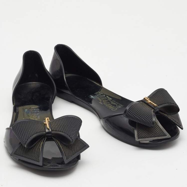 Pre Owned Salvatore Ferragamo Black Jelly Barbados Bow Flats Size 37.5