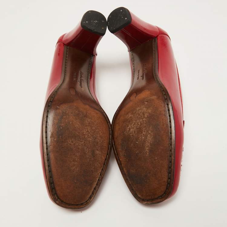 Pre Owned Salvatore Ferragamo Red Patent Leather Penny Slip On Loafers Size 37.5