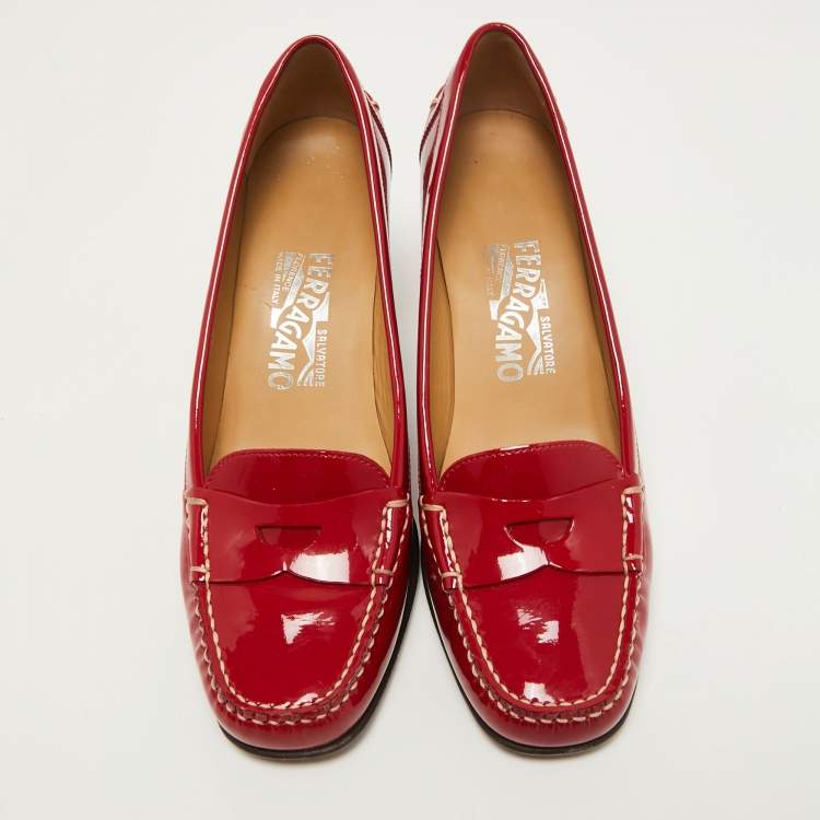 Pre Owned Salvatore Ferragamo Red Patent Leather Penny Slip On Loafers Size 37.5