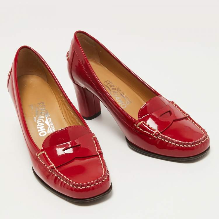 Pre Owned Salvatore Ferragamo Red Patent Leather Penny Slip On Loafers Size 37.5