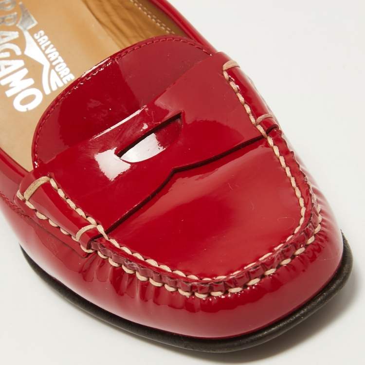 Pre Owned Salvatore Ferragamo Red Patent Leather Penny Slip On Loafers Size 37.5