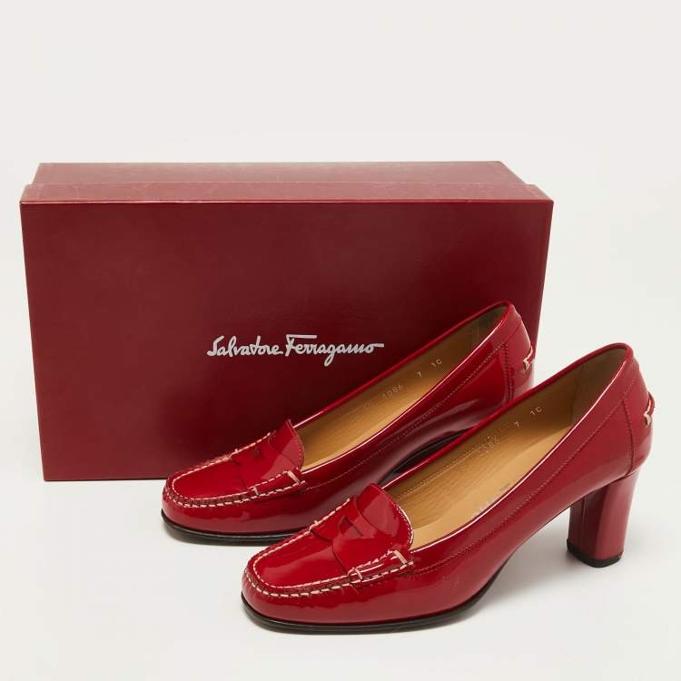 Pre Owned Salvatore Ferragamo Red Patent Leather Penny Slip On Loafers Size 37.5