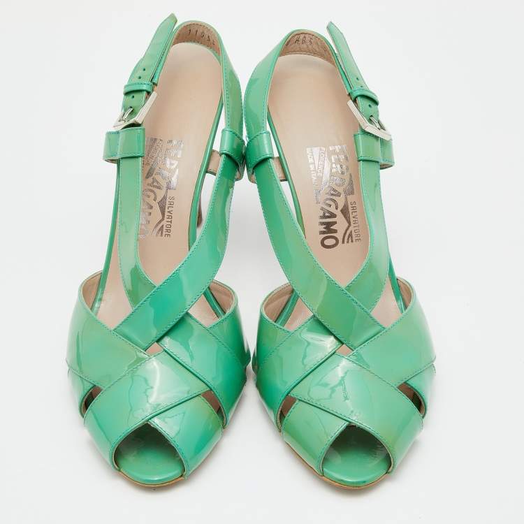 Pre Owned Salvatore Ferragamo Green Patent Leather Criss Cross Slingback Sandals Size 39