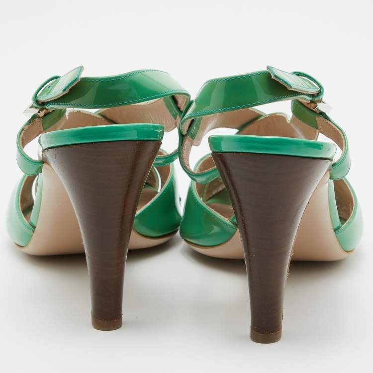 Pre Owned Salvatore Ferragamo Green Patent Leather Criss Cross Slingback Sandals Size 39