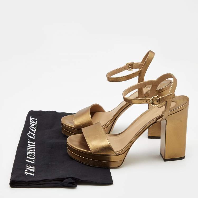 Pre Owned Salvatore Ferragamo Metallic Gold Leather Ankle Strap Block Heels Sandals Size 40