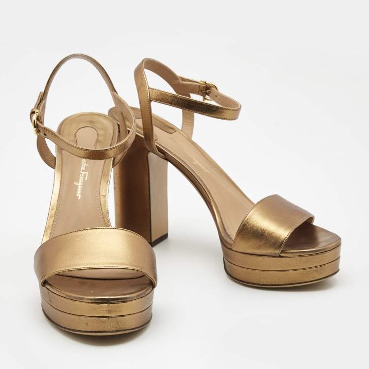 Pre Owned Salvatore Ferragamo Metallic Gold Leather Ankle Strap Block Heels Sandals Size 40