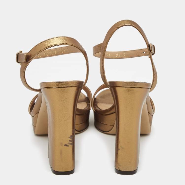 Pre Owned Salvatore Ferragamo Metallic Gold Leather Ankle Strap Block Heels Sandals Size 40