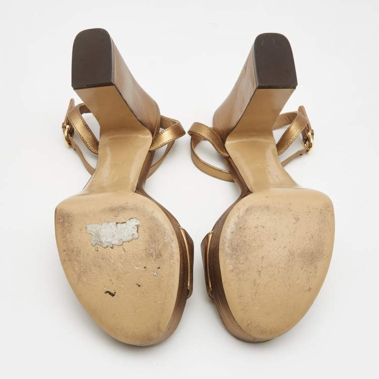 Pre Owned Salvatore Ferragamo Metallic Gold Leather Ankle Strap Block Heels Sandals Size 40