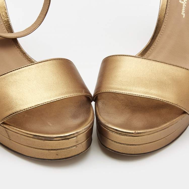 Pre Owned Salvatore Ferragamo Metallic Gold Leather Ankle Strap Block Heels Sandals Size 40