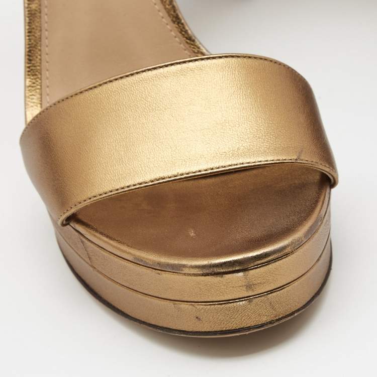 Pre Owned Salvatore Ferragamo Metallic Gold Leather Ankle Strap Block Heels Sandals Size 40