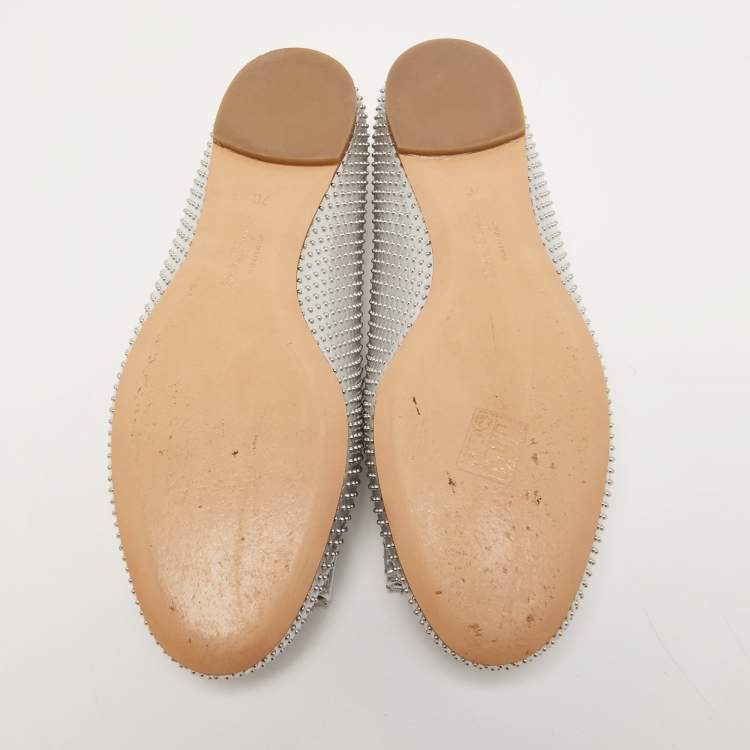 Pre Owned Salvatore Ferragamo Silver Studded Leather Varina Ballet Flats Size 37.5