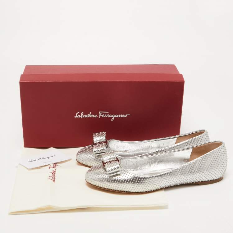 Pre Owned Salvatore Ferragamo Silver Studded Leather Varina Ballet Flats Size 37.5
