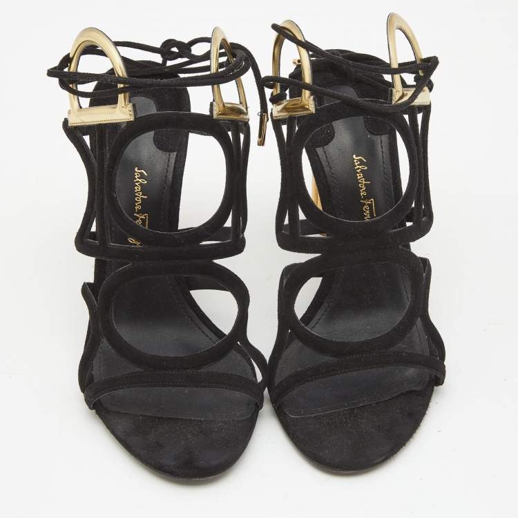 Pre Owned Salvatore Ferragamo Black Suede Lace Up Sandals Size 36