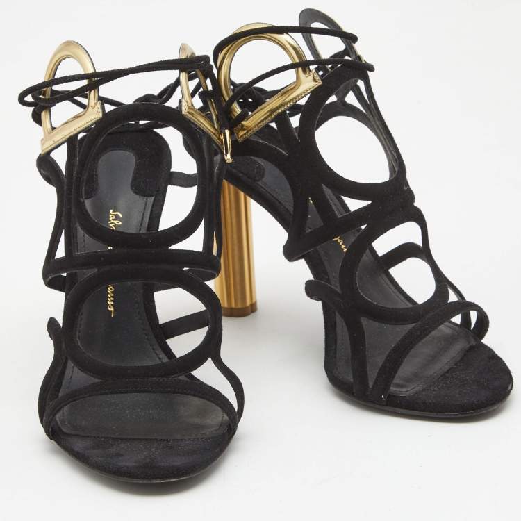 Pre Owned Salvatore Ferragamo Black Suede Lace Up Sandals Size 36