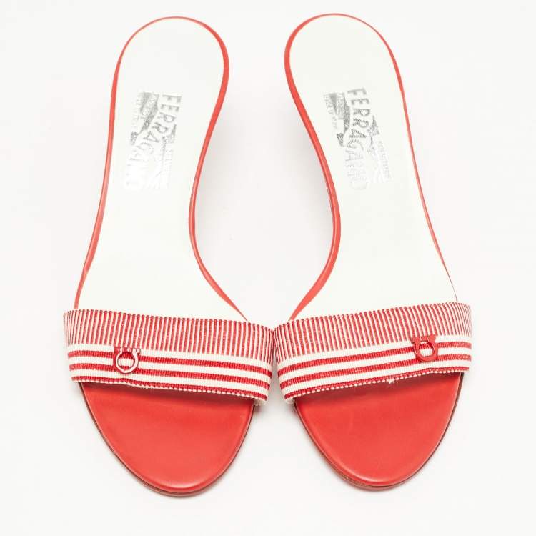 Pre Owned Salvatore Ferragamo Red Stripe Canvas and Leather Slide Sandals Size 39